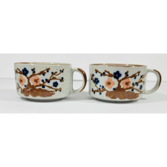 Vintage Korean Ceramic Stoneware Soup Mugs Floral Design Hand-Painted Brown & Wh - Picture 4 of 15